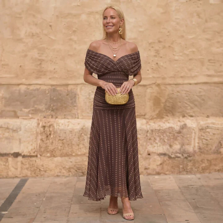 Sienna Off-Shoulder Geometric Flow Dress - Elegant Summer &amp; Wedding Guest Dress