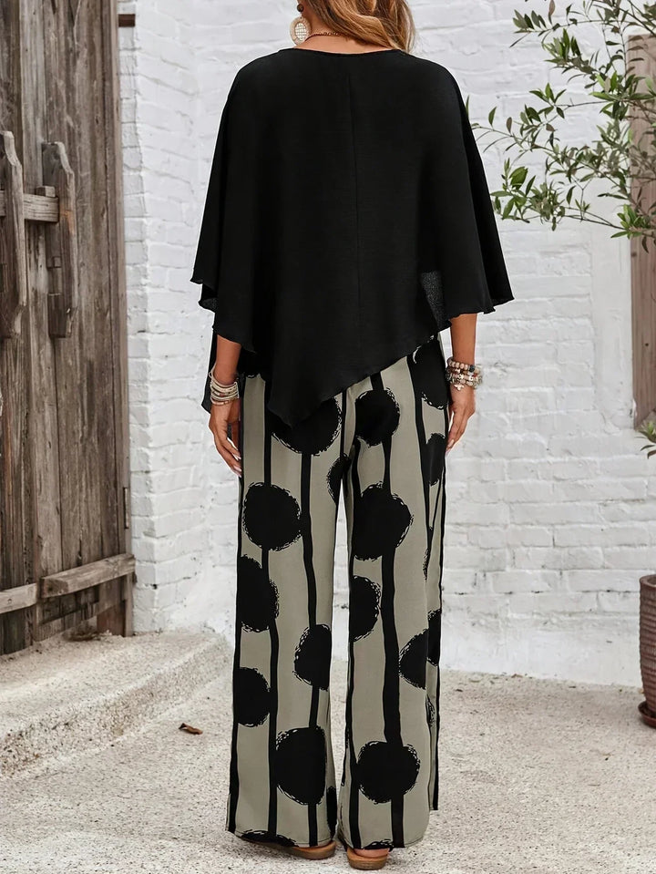 Valeriana Asymmetric Top and Boho Pants Set in Black and Grey