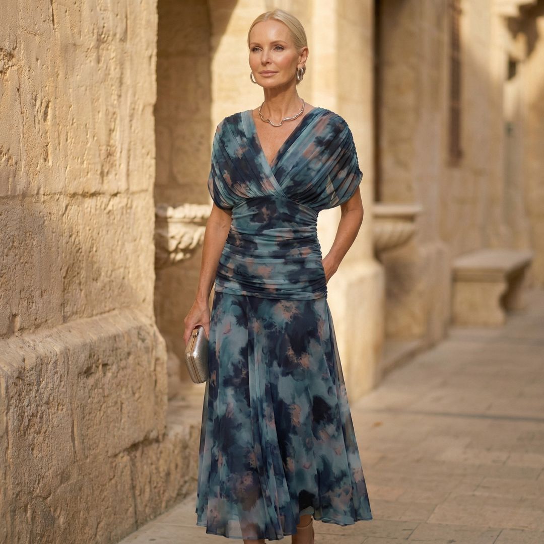 Luna Blue Wrap Dress - Womens Summer Wedding Guest Dress with Chiffon Skirt and V-Neck Top
