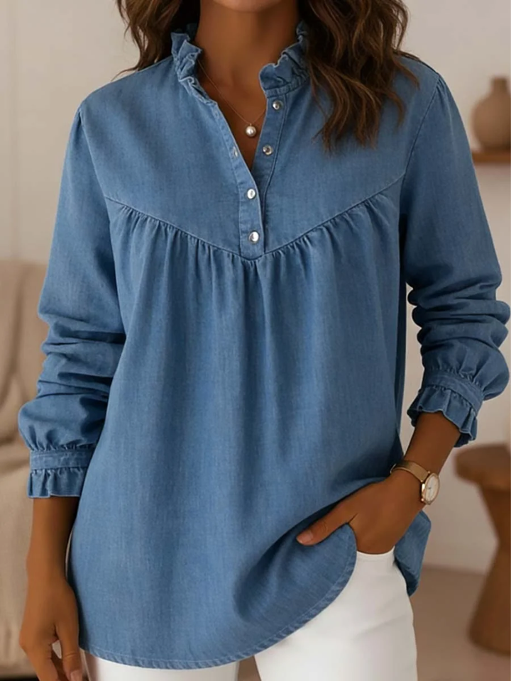 Valara – Denim blouse with feminine ruffle details