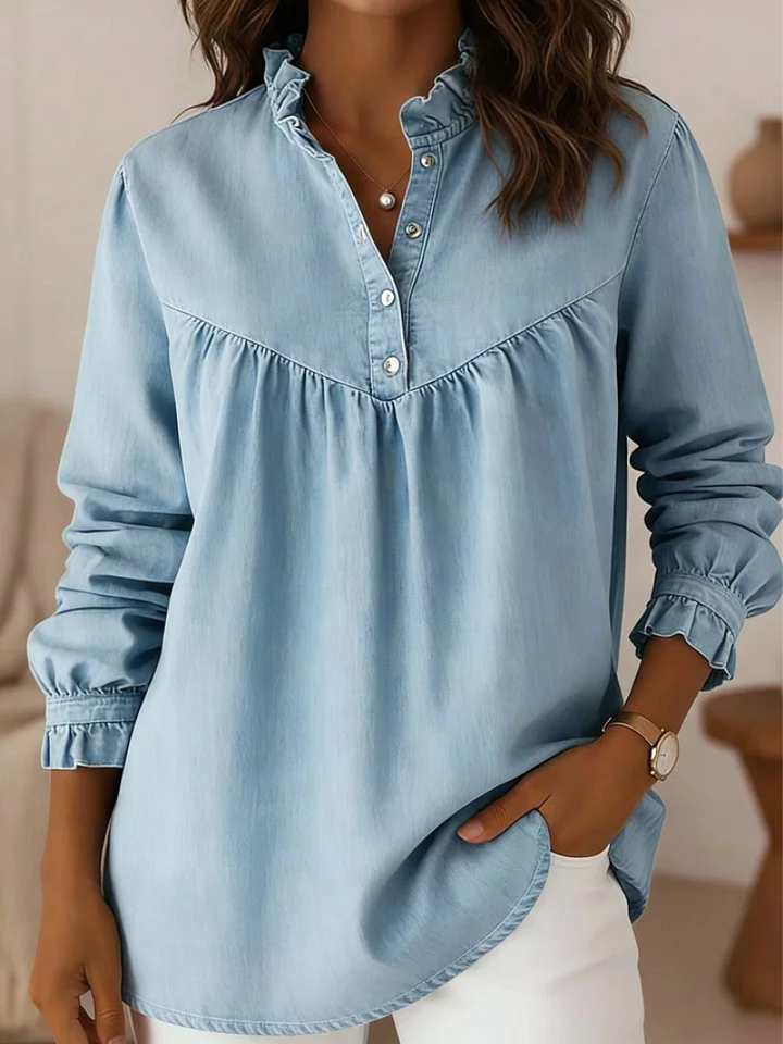 Valara – Denim blouse with feminine ruffle details