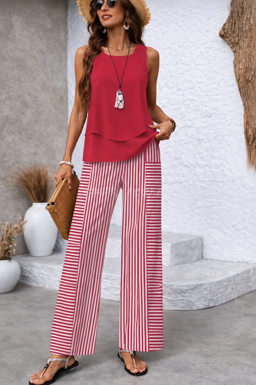 Ramona Coral Top and Striped Wide-Leg Pants
