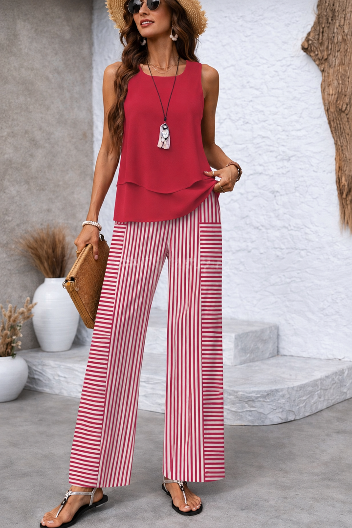 Ramona Coral Top and Striped Wide-Leg Pants