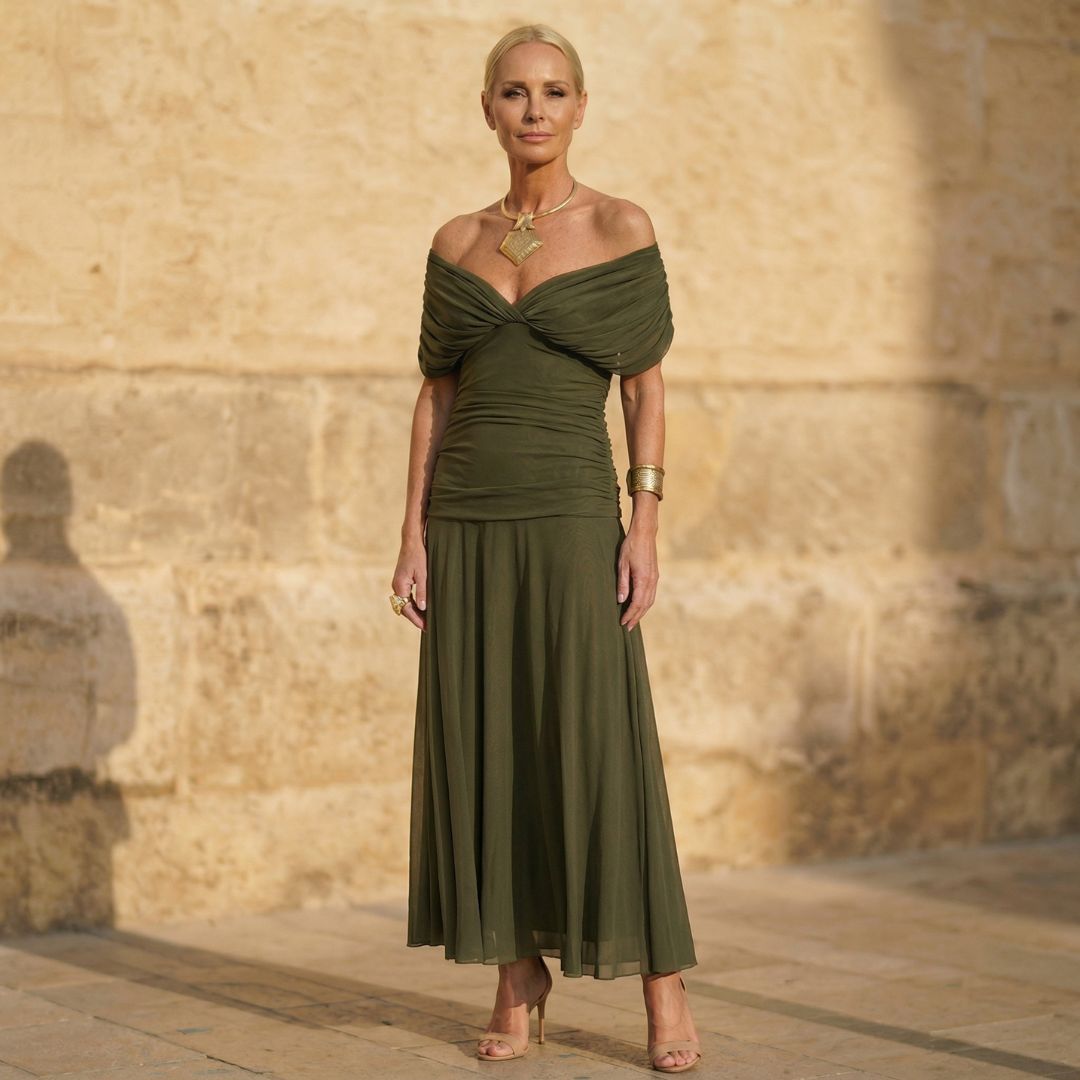 Jade Off-Shoulder Green Dress - Elegant Summer Wedding Guest Dress with Ruched Waist and Sheer Chiffon Skirt