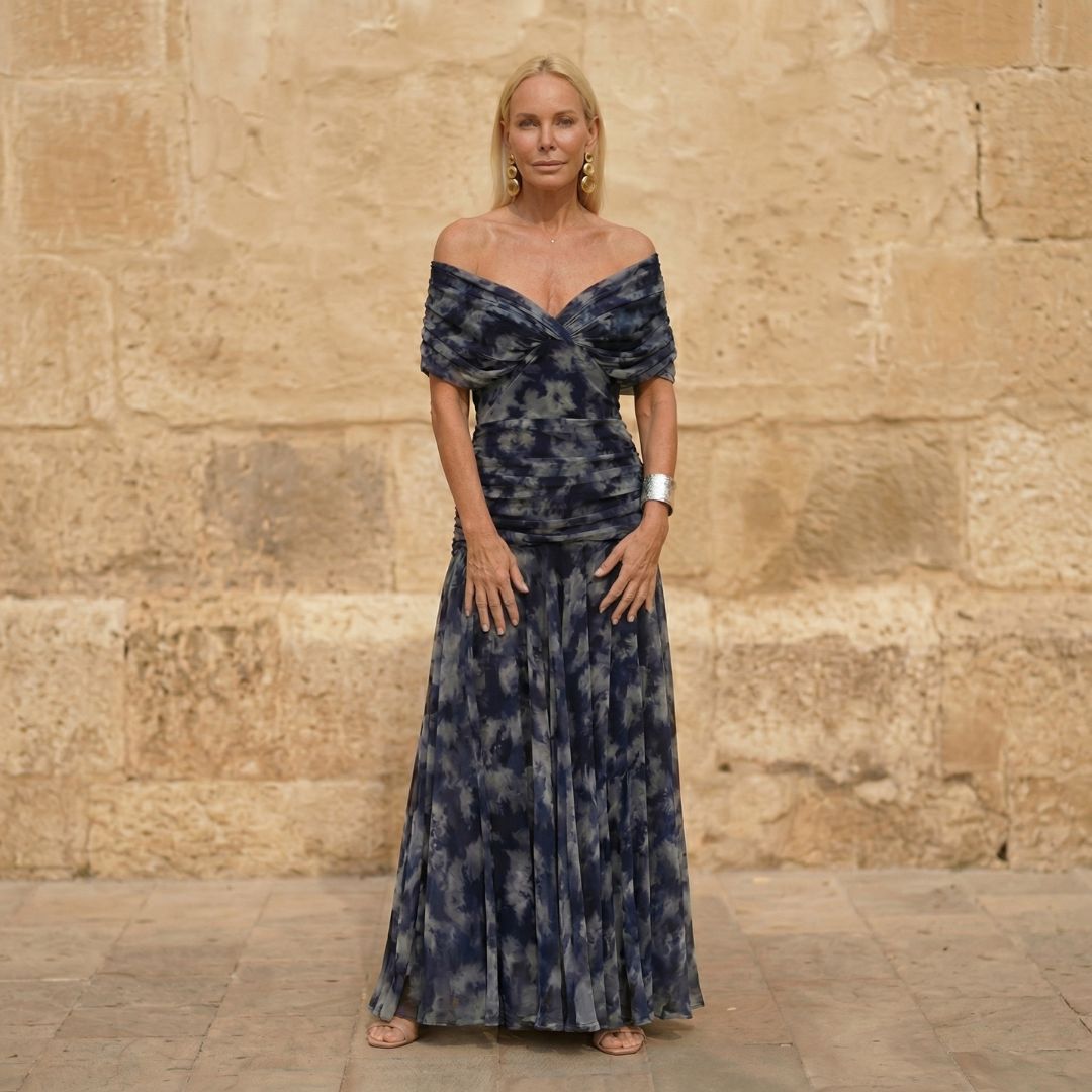 Melissa Elegant Flow Off-Shoulder Dress in Navy and Grey Watercolor - Ideal for Wedding Guests and Summer Events