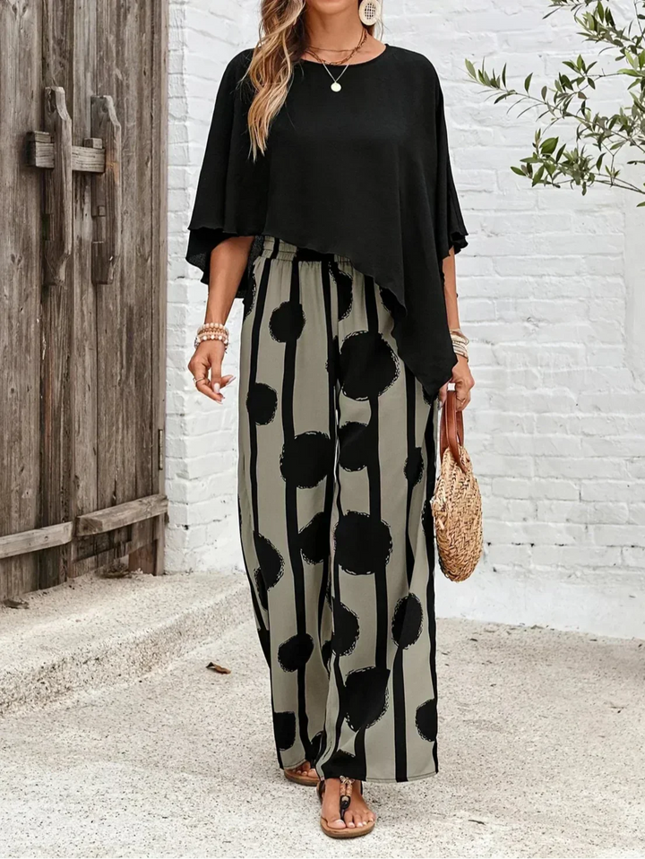 Valeriana Asymmetric Top and Boho Pants Set in Black and Grey