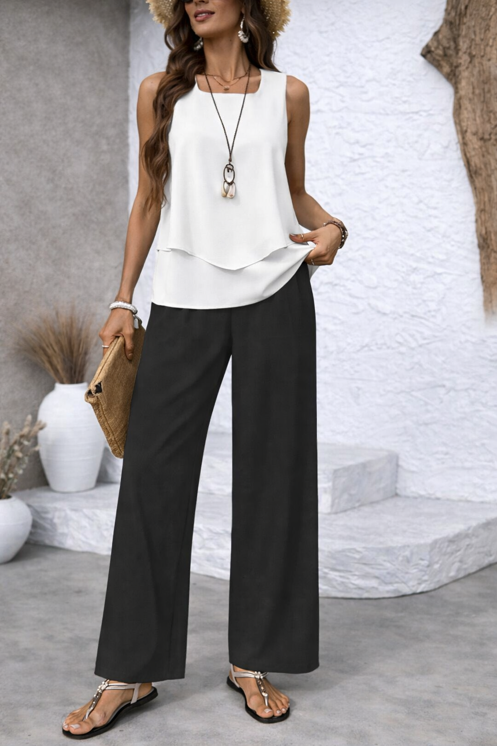 Gregoria Two-Piece White Blouse and Black Wide-Leg Trousers Set