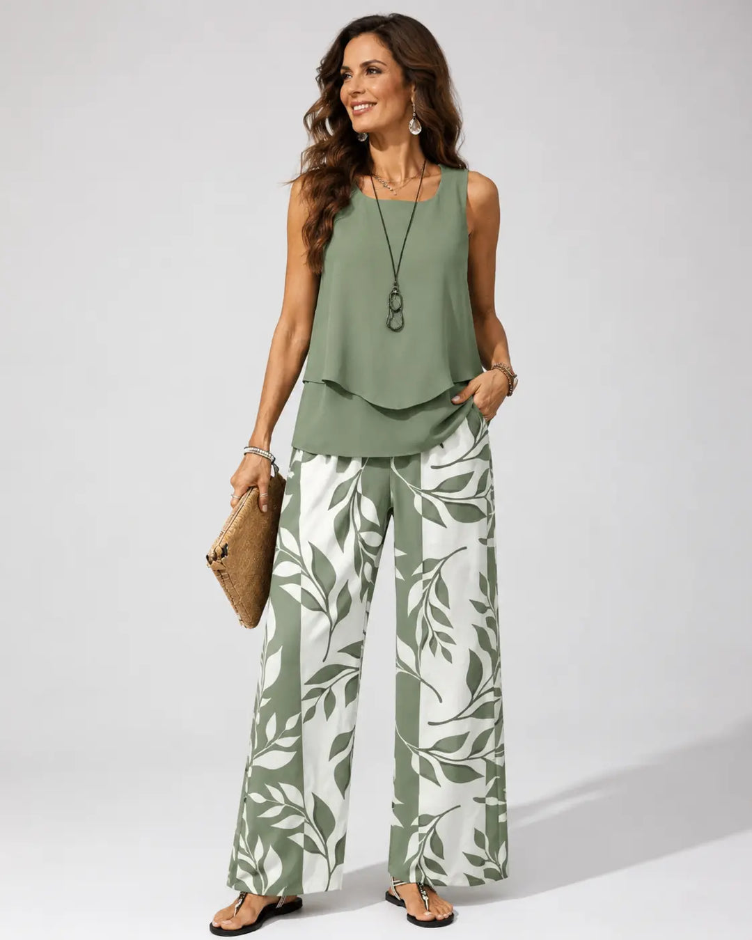Petronila Sage Green Botanical Two-Piece Set