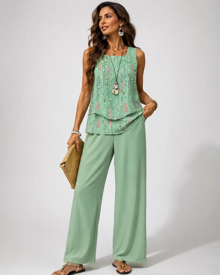 Mint Green Layered Top and Wide-Leg Pants Set