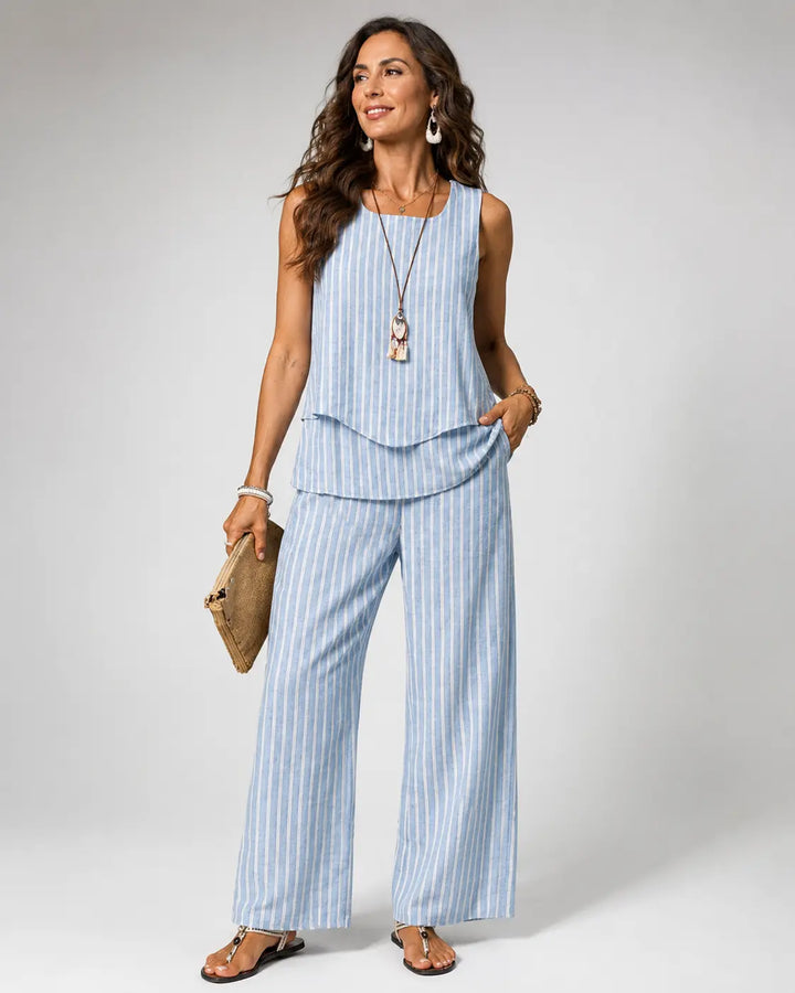 Nicolasa Blue Stripe Sleeveless Top and Wide Leg Pants Set