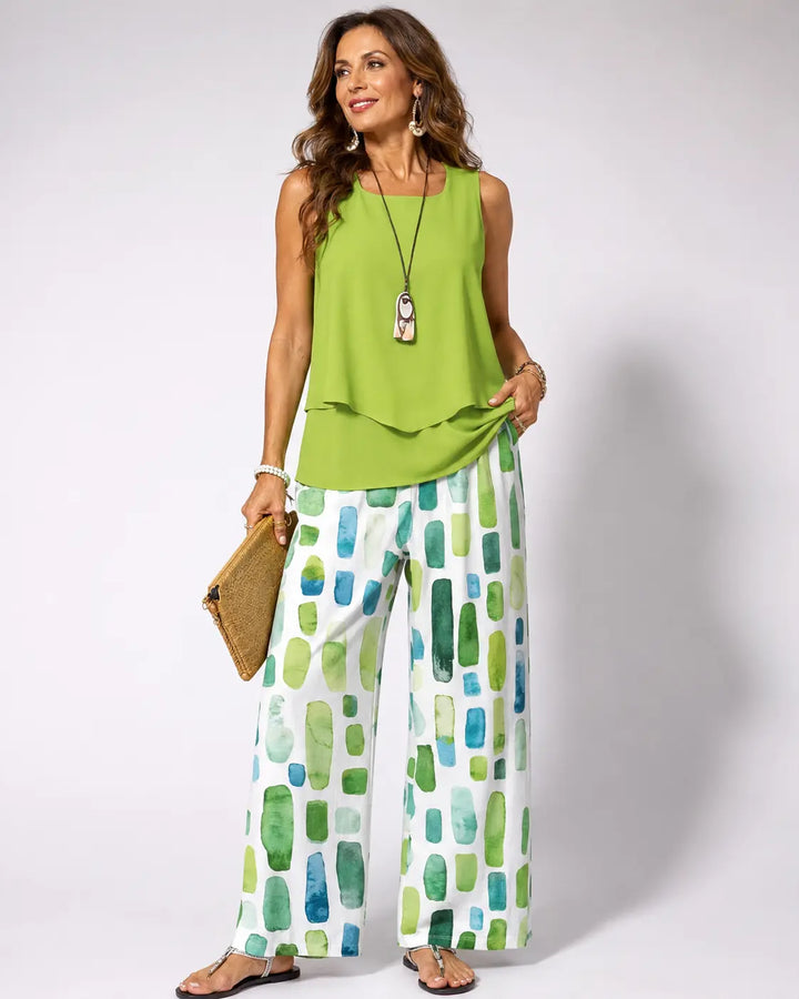 Sabina™ Two Piece Set - Green Sleeveless Top with Geometric Wide-Leg Trousers