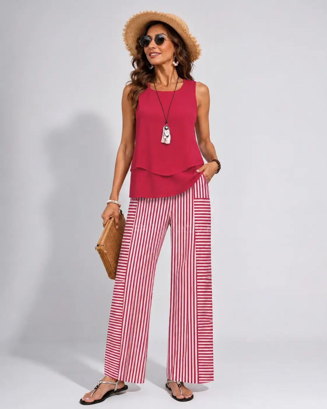 Ramona Coral Top and Striped Wide-Leg Pants