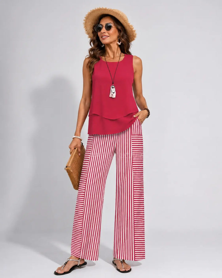 Ramona Coral Top and Striped Wide-Leg Pants