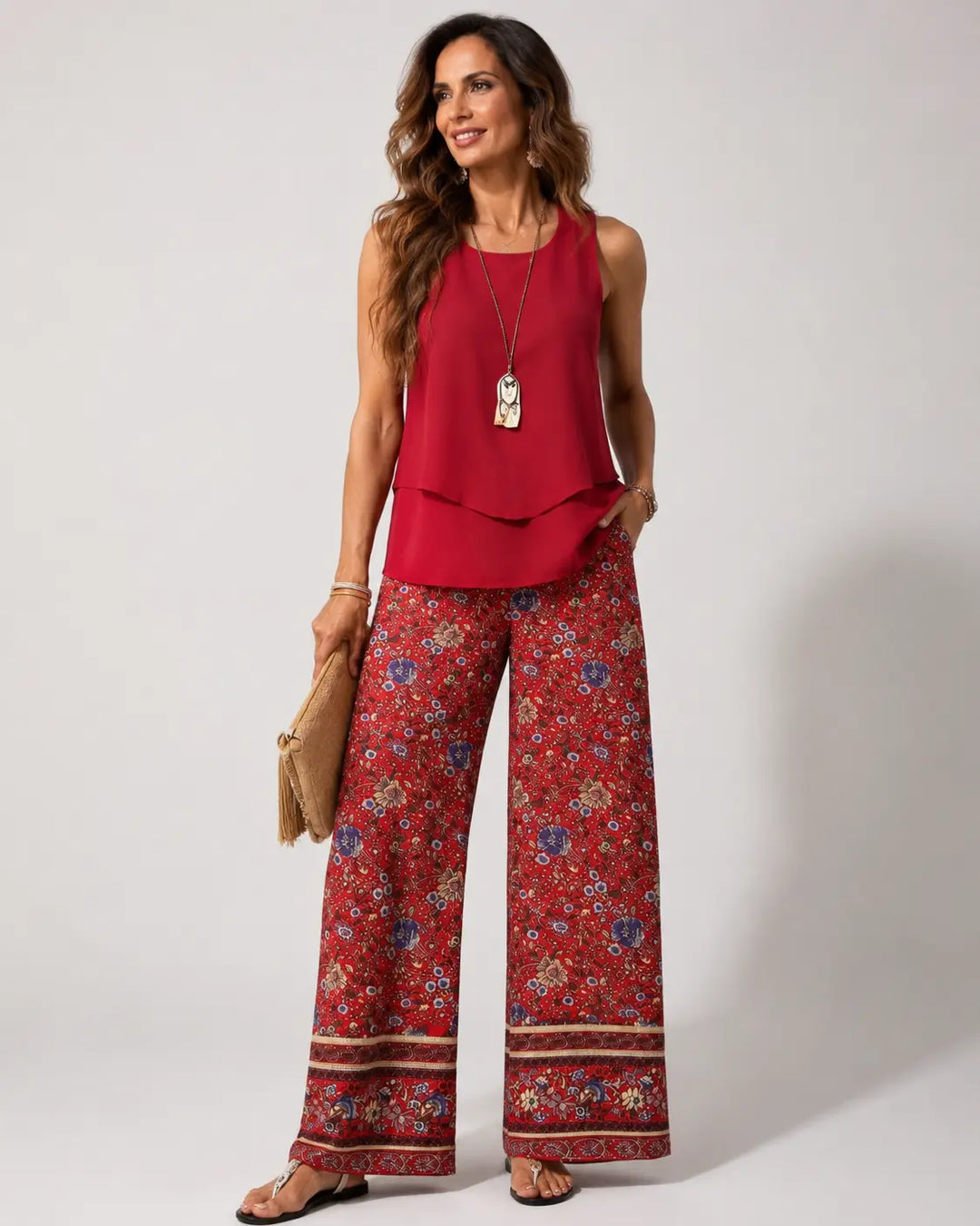 Cayetana Boho Layered Top and Floral Wide-Leg Pants Set