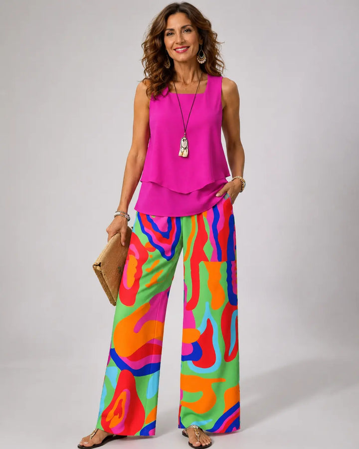 Clotilde Two Piece Set: Layered Sleeveless Top and Wide-Leg Pants