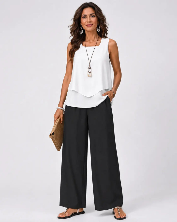 Gregoria Two-Piece White Blouse and Black Wide-Leg Trousers Set