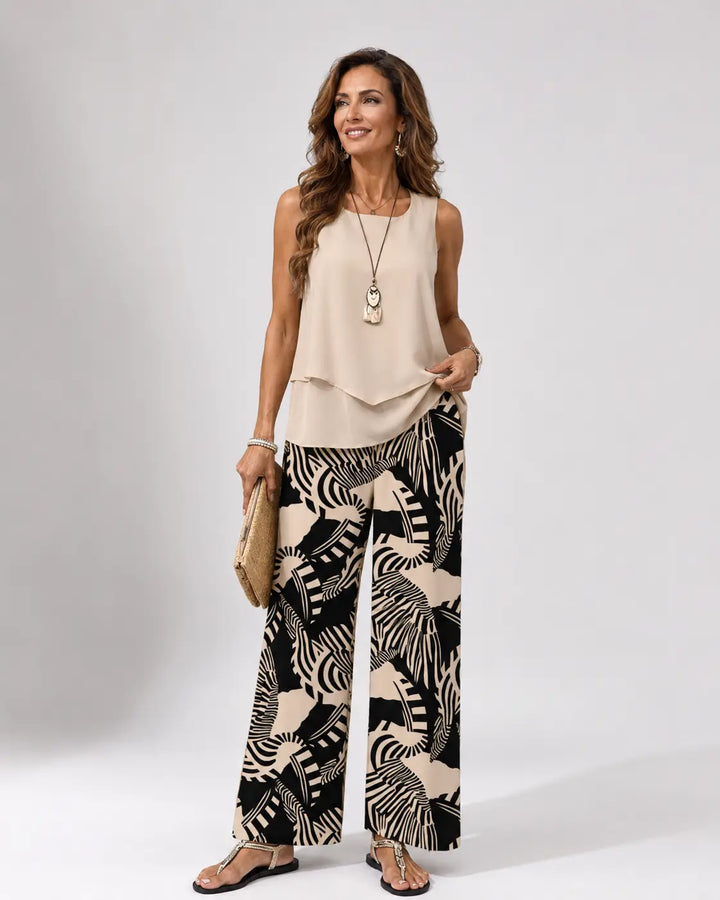 Ignacia Beige Blouse and Botanical Print Pants Set