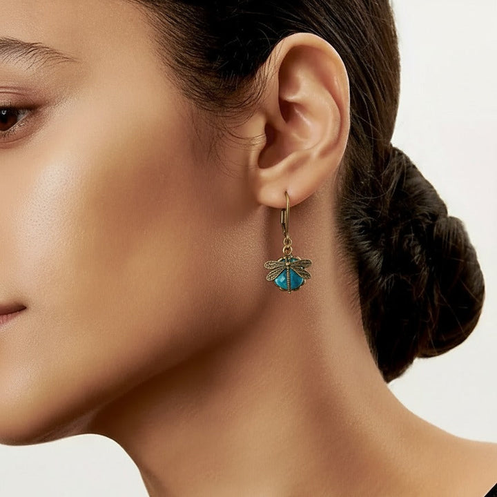 Dara Gold Earrings | Antique Dragonfly Design with Crystal Accents