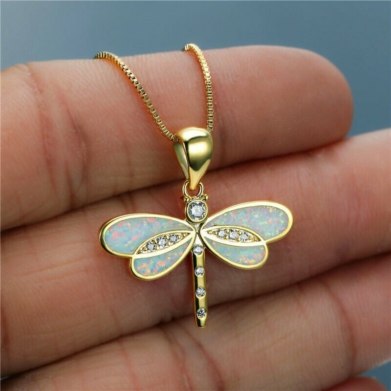 Dara Dragonfly Necklace | Gold Alloy with Opal Pendant