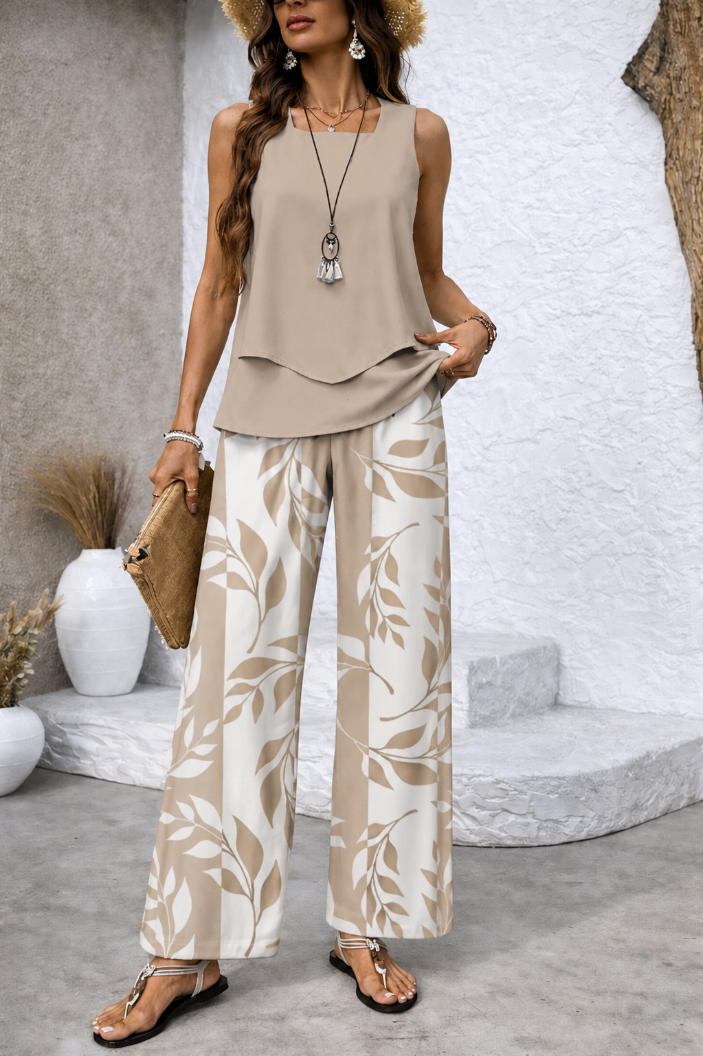 Natural Beige Blouse and Botanical Trousers Set