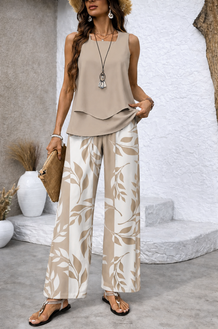 Natural Beige Blouse and Botanical Trousers Set