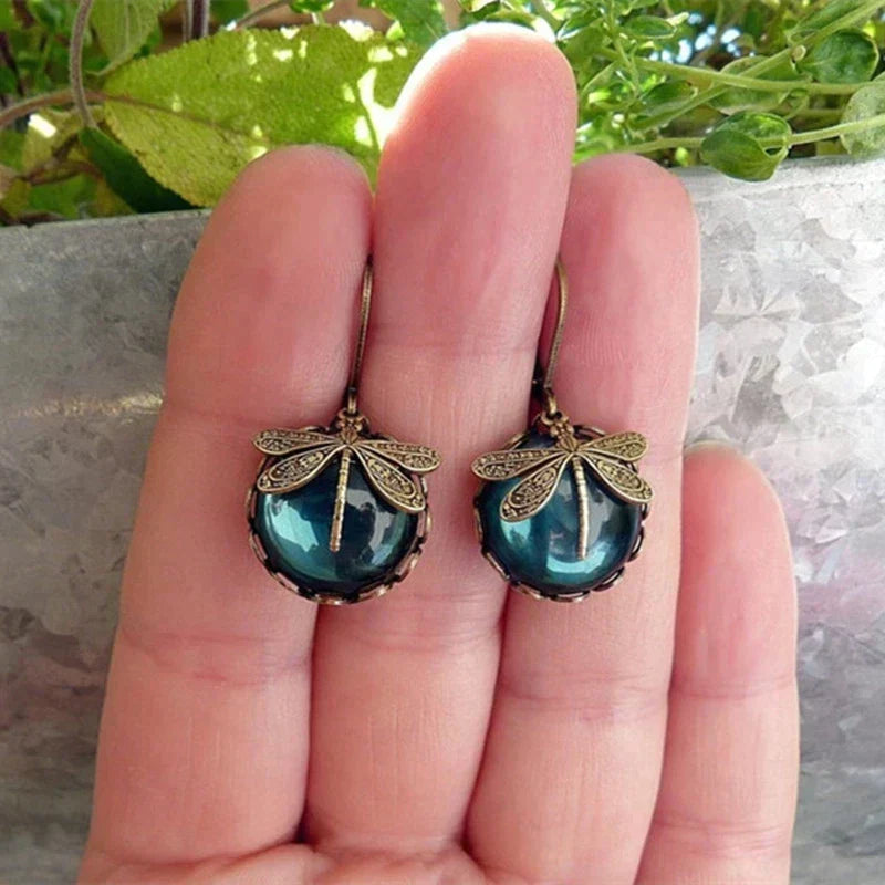 Dara Gold Earrings | Antique Dragonfly Design with Crystal Accents