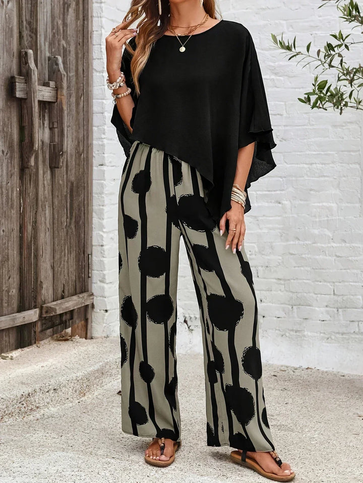 Valeriana Asymmetric Top and Boho Pants Set in Black and Grey