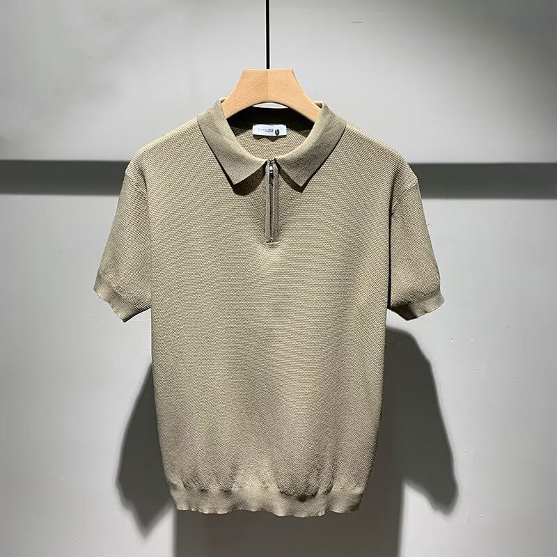 Miro - Sandfärgad stickad polo med raffinerad textur