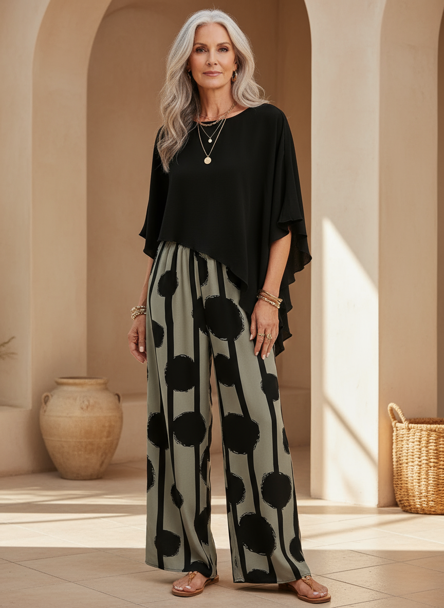 Valeriana Asymmetric Top and Boho Pants Set in Black and Grey