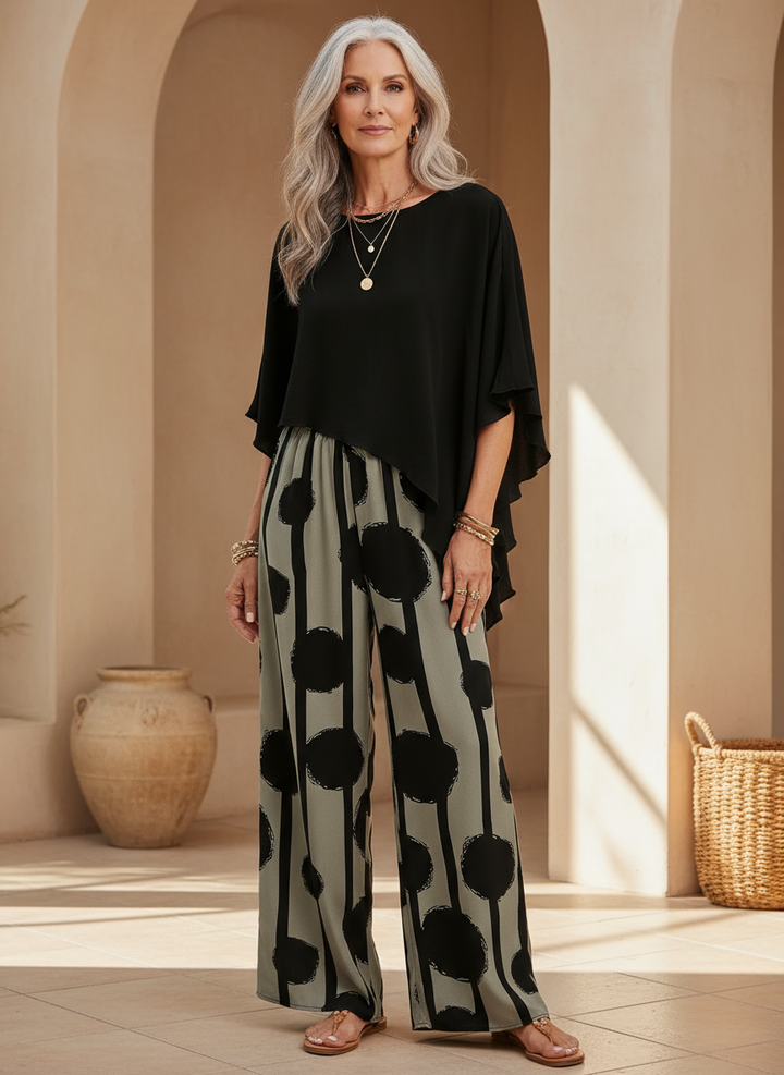 Valeriana Asymmetric Top and Boho Pants Set in Black and Grey