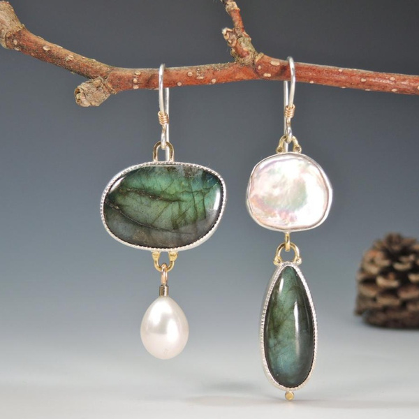 Vera Silver Earrings | Vintage Geometric Design, Natural Stone