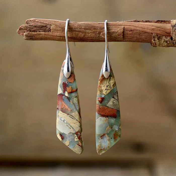 Vera Natural Stone Earrings | Copper Hook, Geometric Water Droplet Design
